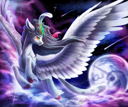 Size: 2672x2244 | Tagged: safe, artist:icerrhythm, oc, oc only, classical unicorn, pegasus, unicorn, cloud, cloven hooves, commission, feathered wings, flying, forehead gem, horn, leonine tail, mare in the moon, moon, shooting star, signature, solo, stars, tail, unshorn fetlocks, wings