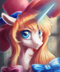 Size: 2244x2672 | Tagged: safe, artist:icerrhythm, oc, oc only, pony, unicorn, bust, commission, female, hat, horn, looking at you, mare, portrait, smiling, solo