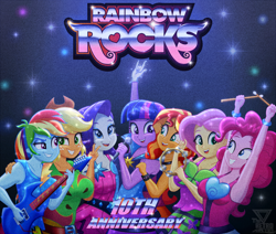 Size: 2450x2082 | Tagged: safe, artist:theretroart88, applejack, fluttershy, pinkie pie, rainbow dash, rarity, sunset shimmer, twilight sparkle, human, rainbow rocks 10th anniversary, equestria girls, g4, my little pony equestria girls: rainbow rocks, anniversary, armpits, arms in the air, breasts, busty applejack, busty fluttershy, busty mane six, busty pinkie pie, busty rainbow dash, busty rarity, busty twilight sparkle, clothes, drumsticks, female, guitar, hands in the air, happy, humane five, humane seven, humane six, microphone, musical instrument, open mouth, open smile, rainbow rocks outfit, smiling, tambourine