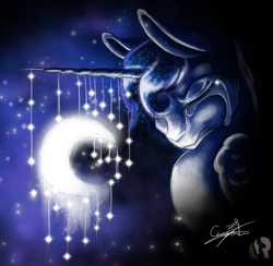 Size: 2002x1951 | Tagged: safe, artist:cune-roos, princess luna, alicorn, pony, g4, 2018, beautiful, bust, crying, dangling, dark, ethereal mane, eyes closed, female, glowing, highlights, horn, long horn, mare, moon, night, sad, signature, solo, starry mane, stars, tangible heavenly object, teary eyes