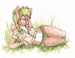 Size: 4070x3128 | Tagged: safe, artist:lightisanasshole, oc, oc only, oc:sylvia evergreen, pegasus, anthro, anthro oc, arm behind head, belly, belly button, blushing, breasts, cleavage, clothes, female, grass, looking at you, lying down, midriff, on side, outdoors, shorts, solo, traditional art, watercolor painting