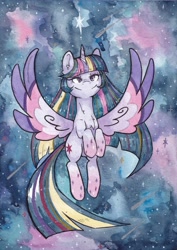 Size: 4196x5926 | Tagged: safe, artist:lightisanasshole, twilight sparkle, alicorn, pony, g4, female, painting, rainbow power, rainbow power-ified, solo, space, stars, traditional art, twilight sparkle (alicorn), watercolor painting