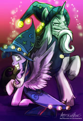 Size: 2031x2954 | Tagged: safe, artist:mad munchkin, star swirl the bearded, twilight sparkle, alicorn, pony, unicorn, g4, shadow play, beard, clothes, costume, facial hair, fangirl, female, hat, horn, male, mare, stallion, twilight sparkle (alicorn), wizard, wizard hat