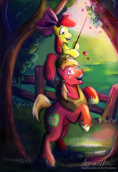 Size: 2031x2954 | Tagged: safe, artist:mad munchkin, apple bloom, big macintosh, smarty pants, earth pony, pony, g4, brother and sister, female, fence, heart, heart eyes, male, ponies riding ponies, rearing, riding, riding a pony, siblings, tree, wingding eyes