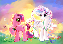 Size: 1920x1339 | Tagged: safe, artist:shirecorn, skywishes, star catcher, butterfly, earth pony, pegasus, pony, g3, g4, duo, duo female, female, g3 to g4, generation leap, hoof hold, kite, lesbian, looking at each other, looking at someone, mare, outdoors, ship:skycatcher, shipping, smiling, sunset