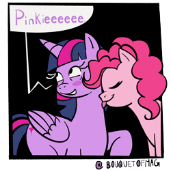 Size: 1782x1773 | Tagged: safe, artist:bouquetofmag, pinkie pie, twilight sparkle, alicorn, earth pony, pony, g4, blush sticker, blushing, cuddling, cute, dialogue, diapinkes, eyes closed, female, lesbian, licking, neck licking, nuzzling, ship:twinkie, shipping, smiling, twiabetes, twilight sparkle (alicorn)