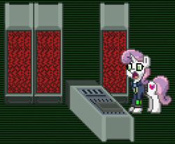 Size: 397x326 | Tagged: safe, sweetie belle, pony, unicorn, ashes town, g4, clothes, female, horn, jumpsuit, mare, older, older sweetie belle, open mouth, overmare, shocked, shocked expression, solo, vault suit