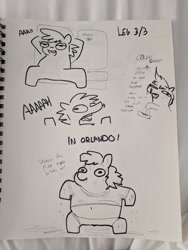 Size: 3024x4032 | Tagged: safe, artist:tjpones, oc, oc only, oc:tjpones, earth pony, pony, belly, belly button, bipedal, exposed belly, fat, grayscale, hooves behind head, male, monochrome, pen drawing, runny nose, screaming, sick, sitting, sketch, sketchbook, spread legs, spreading, stallion, traditional art, travelling