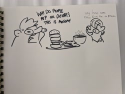 Size: 4032x3024 | Tagged: safe, artist:tjpones, oc, oc only, oc:tjpones, earth pony, pony, burger, denny's, dialogue, duo, duo male and female, fat, female, food, french fries, grayscale, male, monochrome, open mouth, pen drawing, sketch, sketchbook, traditional art, waitress