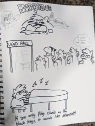 Size: 2613x3442 | Tagged: safe, artist:tjpones, oc, oc only, oc:tjpones, earth pony, pony, mare fair, fire, fire breath, grayscale, hot sauce, male, monochrome, musical instrument, pen drawing, piano, sketch, sketchbook, stallion, thought bubble, traditional art