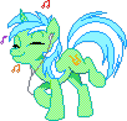 Size: 1020x980 | Tagged: safe, artist:epicvon, artist:imalou, lyra heartstrings, pony, unicorn, g4, dancing, digital art, earbuds, eyes closed, female, headphones, horn, manepxls, mare, music, music notes, pixel art, pxls.space, simple background, smiling, solo, transparent background