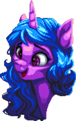 Size: 1100x1750 | Tagged: safe, artist:dasheroni, artist:vanillaghosties, izzy moonbow, pony, unicorn, g5, bust, digital art, female, horn, manepxls, mare, open mouth, pixel art, portrait, pxls.space, simple background, smiling, solo, transparent background