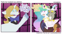 Size: 2560x1400 | Tagged: safe, artist:mrsegbert, discord, prince blueblood, princess celestia, g4, bowtie, celestia is not amused, comic, crown, female, husband and wife, implied marriage, jewelry, male, marriage, married couple, meta, name, necktie, plothole, regalia, ship:dislestia, shipping, straight, unamused, watermark