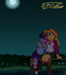 Size: 3700x4200 | Tagged: safe, artist:digi1talpho3nix, sci-twi, sunset shimmer, twilight sparkle, human, equestria girls, g4, breasts, converse, duo, duo female, female, forest, lake, lesbian, looking up, moon, nature, night, outdoors, pier, ship:sci-twishimmer, ship:sunsetsparkle, shipping, shoes, sitting, sky, stars, tree, water