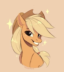 Size: 1264x1436 | Tagged: safe, artist:nettlemoth, applejack, earth pony, pony, g4, bust, female, grin, looking at you, mare, orange background, simple background, smiling, smiling at you, solo, sparkles