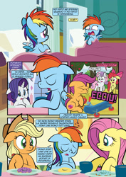 Size: 1920x2715 | Tagged: safe, artist:alexdti, apple bloom, applejack, fluttershy, rainbow dash, rarity, scootaloo, sweetie belle, earth pony, pegasus, pony, unicorn, comic:how we met (italian), g4, comic, cutie mark crusaders, dialogue, female, filly, filly rainbow dash, foal, horn, scooter, self paradox, self ponidox, sneezing, younger