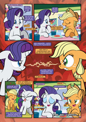 Size: 1920x2715 | Tagged: safe, artist:alexdti, applejack, rarity, earth pony, pony, unicorn, comic:how we met (italian), g4, donut, female, filly, filly applejack, filly rarity, foal, food, horn, tongue out, younger