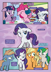 Size: 1920x2715 | Tagged: safe, artist:alexdti, applejack, pinkie pie, rarity, twilight sparkle, oc, oc:brainstorm (alexdti), oc:star logic, alicorn, earth pony, pony, comic:how we met (italian), g4, blushing, donut, female, filly, filly applejack, filly rarity, floppy ears, foal, food, twilight sparkle (alicorn), younger