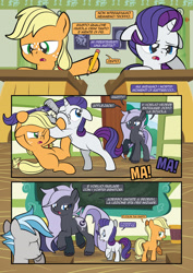 Size: 1920x2715 | Tagged: oc name needed, safe, artist:alexdti, applejack, rarity, oc, earth pony, pony, unicorn, comic:how we met (italian), g4, belly, bipedal, colt, comic, female, filly, filly applejack, filly rarity, foal, horn, male, pencil, teacher, younger