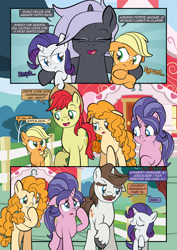 Size: 1920x2715 | Tagged: oc name needed, safe, artist:alexdti, applejack, bright mac, cookie crumbles, hondo flanks, pear butter, rarity, oc, pony, unicorn, comic:how we met (italian), g4, female, filly, filly applejack, filly rarity, foal, horn, implied sweetie belle, pregnant, younger