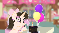 Size: 3116x1740 | Tagged: safe, artist:kathepart, oc, oc only, oc:kinna-ca, unicorn, accessory, balloon, birthday, cake, candle, food, freckles, hair bun, horn, makeup, solo, sugarcube corner (interior)