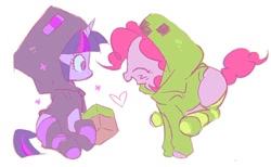 Size: 1472x907 | Tagged: safe, artist:wooodd_, pinkie pie, twilight sparkle, earth pony, pony, unicorn, g4, clothes, cute, duo, duo female, eyes closed, female, heart, hoodie, horn, looking at each other, looking at someone, simple background, smiling, socks, striped socks, unicorn twilight, white background