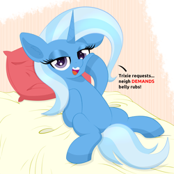 Size: 2283x2287 | Tagged: safe, artist:scandianon, trixie, pony, unicorn, g4, bed, bedroom eyes, bellyrub request, bronybait, colored hooves, ear fluff, female, hoof on cheek, hooves, horn, indoors, lidded eyes, looking at you, lying down, mare, missing accessory, neigh, on back, on bed, open mouth, open smile, pet request, pillow, smiling, solo, spread legs, spreading, talking, talking to viewer