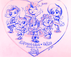 Size: 3024x2408 | Tagged: safe, artist:lydia, applejack, fluttershy, pinkie pie, rainbow dash, rarity, twilight sparkle, human, rainbow rocks 10th anniversary, equestria girls, g4, clothes, happy, humane five, humane six, misspelling, monochrome