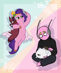 Size: 744x900 | Tagged: safe, artist:themiles, cloudpuff, pipp petals, dog, flying pomeranian, pegasus, pomeranian, pony, g5, abstract background, brush, brushing, cellphone, clothes, crossover, duckface, eyes closed, female, five pebbles, hape, hoodie, hug, male, mare, personal space invasion, phone, rain world, selfie, sitting, slugcat, smartphone, winged dog, wings