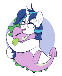 Size: 703x850 | Tagged: safe, artist:lulubell, shining armor, spike, dragon, pony, unicorn, g4, alternate hairstyle, alternate universe, au:sibling swap, barb, brother and sister, cute, duo, female, glasses, horn, hug, male, rule 63, shining adorable, siblings, spikabetes, wingless barb