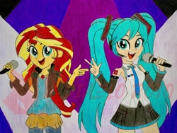 Size: 1898x1429 | Tagged: safe, artist:diablo rojo, sunset shimmer, human, equestria girls, g4, concert, crossover, do not steal, duo, duo female, female, hatsune miku, looking at you, microphone, peace sign, pigtails, pointing, singing, traditional art, twintails, vocaloid