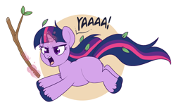 Size: 1252x797 | Tagged: safe, artist:lulubell, twilight sparkle, pony, unicorn, g4, au:sibling swap, blank flank, chest fluff, cute, female, filly, foal, leaves, leaves in hair, running, solo, stick, twiabetes, unicorn twilight, younger