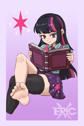 Size: 1000x1500 | Tagged: safe, artist:eric x, twilight sparkle, human, g4, barefoot, book, clothes, feet, female, fetish, foot fetish, gradient background, humanized, looking at you, skirt, socks, solo, stockings, thigh highs