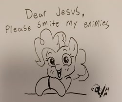 Size: 2048x1722 | Tagged: safe, artist:horsepen, pinkie pie, earth pony, pony, g4, bust, female, grayscale, mare, misspelling, monochrome, pen drawing, praying, religion, solo, talking to viewer, traditional art