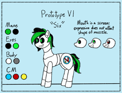 Size: 1605x1225 | Tagged: safe, artist:nukepony360, oc, oc only, oc:prototype vi, android, pony, robot, robot pony, cutie mark, female, mare, reference sheet, simple background, solo