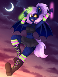 Size: 2296x3000 | Tagged: oc name needed, safe, artist:madelinne, oc, oc only, bat pony, anthro, plantigrade anthro, bat pony oc, boots, clothes, crescent moon, female, fishnet clothing, fishnet stockings, flying, glowstick, jewelry, mare, midriff, moon, outdoors, ponytail, shoes, skirt, sky, socks, solo, stockings, thigh highs