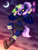 Size: 2296x3000 | Tagged: safe, artist:madelinne, oc, oc only, oc:nightcore, bat pony, anthro, plantigrade anthro, bat pony oc, boots, clothes, crescent moon, female, fishnet clothing, fishnet stockings, flying, glowstick, jewelry, mare, midriff, moon, outdoors, ponytail, shoes, skirt, sky, socks, solo, stockings, thigh highs