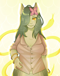 Size: 2400x3000 | Tagged: safe, artist:seed3y, oc, oc only, oc:lamey, human, lamia, original species, snake, snake pony, bracelet, breasts, cleavage, eared humanization, female, flower, flower in hair, gold bracelet, humanized, jewelry, long hair, looking at you, smiling, smiling at you, solo