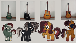 Size: 14080x7920 | Tagged: safe, artist:iamaveryrealperson, oc, oc only, oc:amber strum, oc:dusk crescendo, oc:maple chord, oc:sylvan opus, earth pony, pony, unicorn, amputee, anxious, bandage, bracelet, closed mouth, colored, doodle, ear piercing, earth pony oc, eyelashes, eyepatch, female, genderfluid, gradient hooves, group, guitar, height difference, hoof on cheek, horn, jewelry, lesbian, looking at you, looking down, looking sideways, mare, multicolored hair, multicolored mane, multicolored tail, musical instrument, nonbinary, nonbinary oc, oc x oc, photo, piercing, ponified, prosthetic leg, prosthetic limb, prosthetics, scar, shipping, siblings, simple background, smiling, standing, tail, teeth, trans female, transgender, transgender oc, unicorn horn, unicorn oc