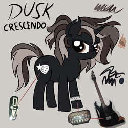 Size: 4608x4608 | Tagged: safe, artist:iamaveryrealperson, oc, oc only, oc:dusk crescendo, pony, unicorn, bracelet, closed mouth, colored, cutie mark, doodle, ear piercing, eyelashes, female, guitar, horn, jewelry, looking sideways, mare, multicolored hair, multicolored mane, multicolored tail, musical instrument, name, photo, piercing, ponified, reference sheet, scar, simple background, smiling, solo, standing, tail, text, trans female, transgender, transgender oc, unicorn horn, unicorn oc