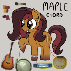 Size: 4608x4608 | Tagged: safe, artist:iamaveryrealperson, oc, oc only, oc:maple chord, earth pony, pony, bracelet, closed mouth, colored, cutie mark, doodle, ear piercing, earth pony oc, eyelashes, female, gradient hooves, guitar, jewelry, looking sideways, mare, multicolored hair, multicolored mane, multicolored tail, musical instrument, name, photo, piercing, ponified, reference sheet, simple background, smiling, solo, standing, tail, teeth, text