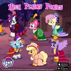 Size: 1080x1080 | Tagged: safe, gameloft, applejack, fluttershy, pinkie pie, rainbow dash, rarity, twilight sparkle, alicorn, earth pony, pegasus, pony, unicorn, g4, my little pony: magic princess, alternate hairstyle, app store, cabin, campfire, clothes, dress, eyeshadow, female, google play, green eyeshadow, hat, horn, makeup, mane six, mare, my little pony logo, outdoors, pine tree, southern belle, stars, top hat, tree, twilight sparkle (alicorn)