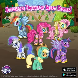 Size: 1080x1080 | Tagged: safe, gameloft, applejack, fluttershy, pinkie pie, rainbow dash, rarity, twilight sparkle, alicorn, earth pony, pegasus, pony, robot, robot pony, unicorn, g4, my little pony: magic princess, android wrangler applejack, app store, apple, apple tree, female, flutterbot, google play, horn, mane six, mare, my little pony logo, outdoors, pinkie bot, rainbot dash, raribot, roboticization, spacesuit, tree, twibot, twilight sparkle (alicorn)