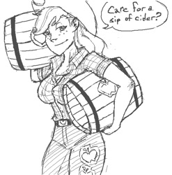 Size: 592x600 | Tagged: safe, artist:planetofjunk, applejack, human, g4, barrel, cider barrel, female, humanized, lidded eyes, monochrome, old art, sketch, solo, speech bubble