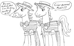 Size: 970x598 | Tagged: safe, artist:planetofjunk, flam, flim, pony, unicorn, g4, bowtie, brothers, duo, facial hair, flim flam brothers, grin, hat, horn, male, monochrome, moustache, necktie, old art, siblings, sketch, smiling, speech bubble, stallion