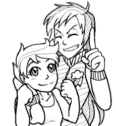 Size: 500x544 | Tagged: safe, artist:planetofjunk, rainbow dash, scootaloo, human, g4, arm around neck, clothes, cutie mark on clothes, duo, female, humanized, jacket, monochrome, old art, sibling love, siblings, sisterly love, sisters, smiling, tank top