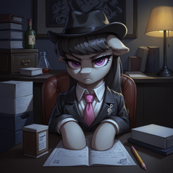 Size: 1536x1536 | Tagged: safe, ai composition, ai content, generator:bluefox mix, generator:stable diffusion, prompter:tyto4tme4l, octavia melody, earth pony, pony, g4, blazer, book, bottle, clothes, collared shirt, cutie mark accessory, desk, desk lamp, dim light, document, fedora, female, floppy ears, frown, glare, glass bottle, hat, hooves on the table, indoors, jacket, lamp, looking at you, mafia, mafia octavia, mare, necktie, octavia is not amused, office, paper, pencil, pin, serious, serious face, shirt, solo, song in the description, unamused, upper body, wine bottle, youtube link in the description