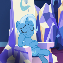 Size: 1080x1080 | Tagged: safe, edit, edited screencap, editor:marefieber, screencap, trixie, pony, unicorn, all bottled up, g4, season 7, chair, cropped, crossed legs, crystal, eyes closed, female, hoof on chest, hoof to cheek, horn, indoors, mare, raised hoof, relaxing, sitting, smiling, smirk, smug, solo, trixie's cutie mark, twilight's castle