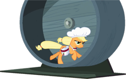 Size: 960x604 | Tagged: safe, edit, edited screencap, screencap, applejack, earth pony, pony, g4, the last roundup, apron, background removed, bag, cherry, clothes, female, food, frown, galloping, hat, mare, png, running, simple background, solo, transparent background, treadmill, wheel