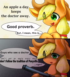 Size: 3150x3500 | Tagged: safe, artist:zemlya, applejack, earth pony, pony, g4, 2 panel comic, comic, cowboy hat, eye clipping through hair, female, freckles, gun, gunjack, hat, shotgun, solo, speech bubble, this will end in death, this will not end well, translation, uh oh, weapon